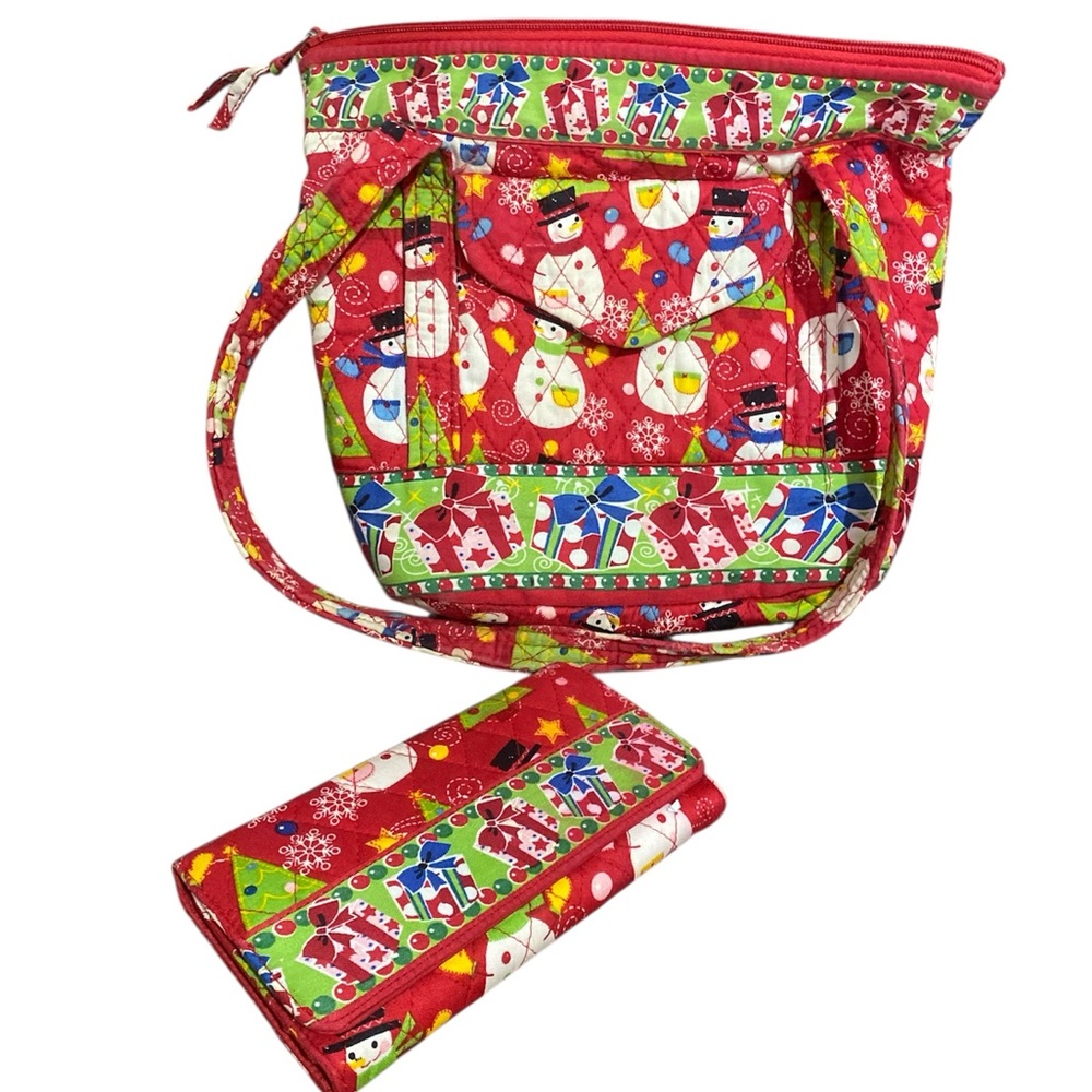 🎁 Quilted Festive Snowmen ⛄️ Red Tote Bag with Matching Wallet - Picture 2 of 8
